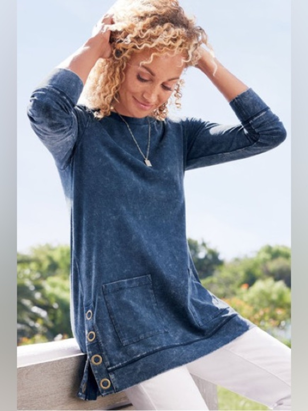 Soft Surroundings NEW NWT Washed Dark Blue Make it Snappy Pullover